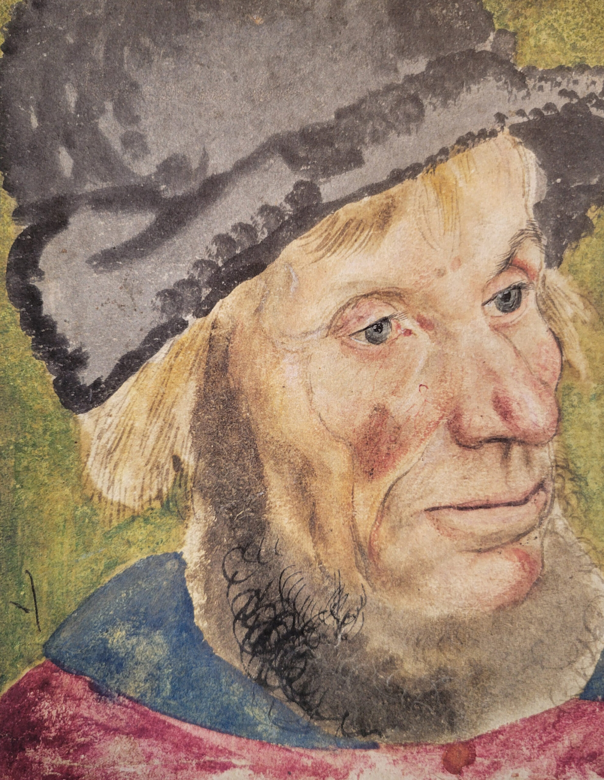 Lucas Cranach the Elder (1472 - 1553), Head of a Peasant, 1525, 19.3 x 15.7 cm, watercolor on paper with white gouache highlights and pen and ink detailing.